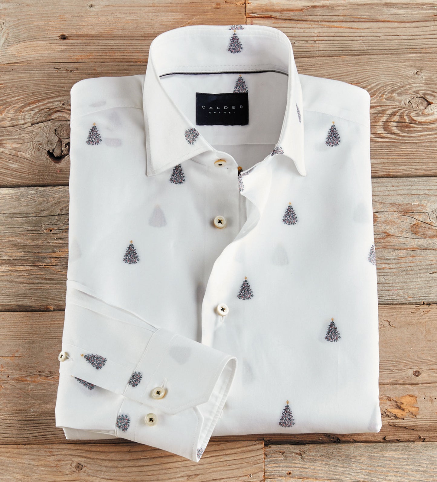 Calder Carmel Long Sleeve White Christmas Tree Spread Collar Shirt