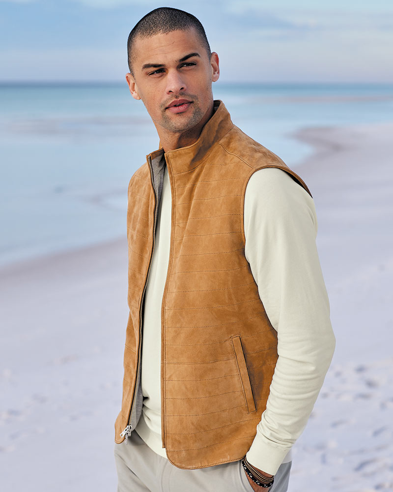Male model wearing Peter Millar Vista Suede Vest