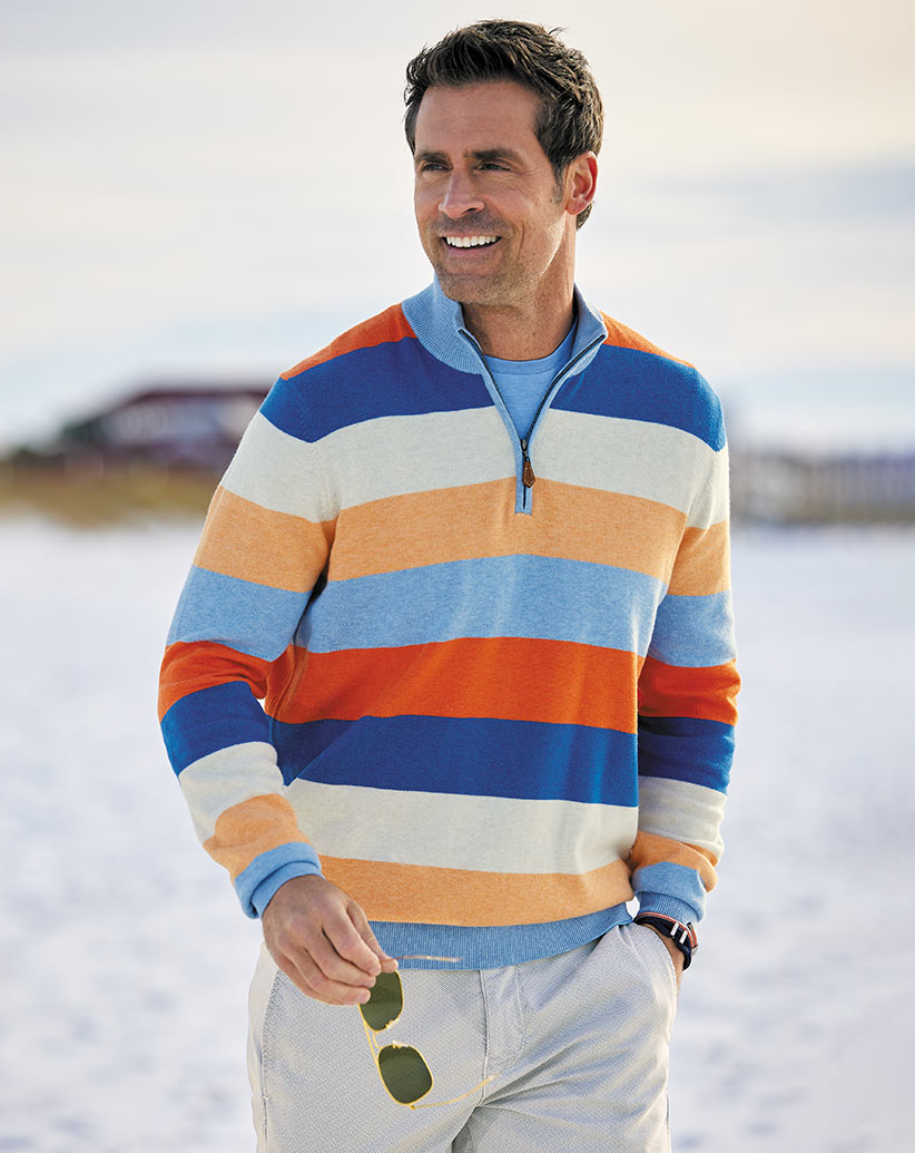 Male model wearing Reserve Trowbridge Stripe Sweater