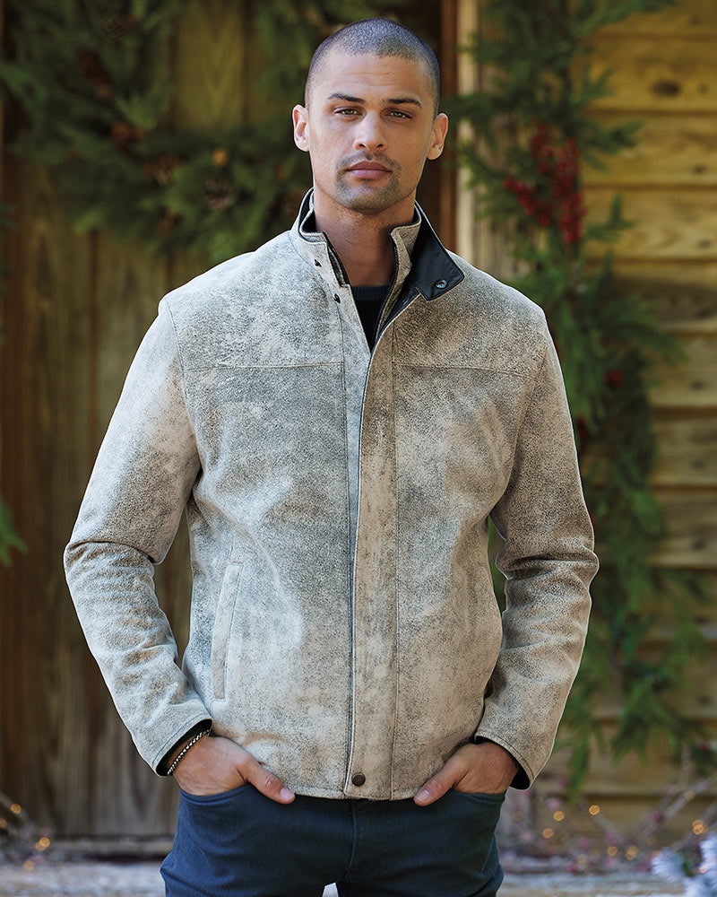 Male model wearing Remy Distressed Lambskin Jacket