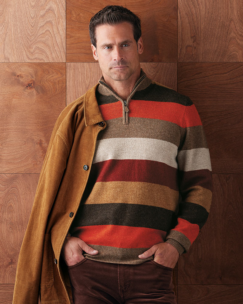 Male model wearing Reserve Stripe Quarter-Zip Sweater