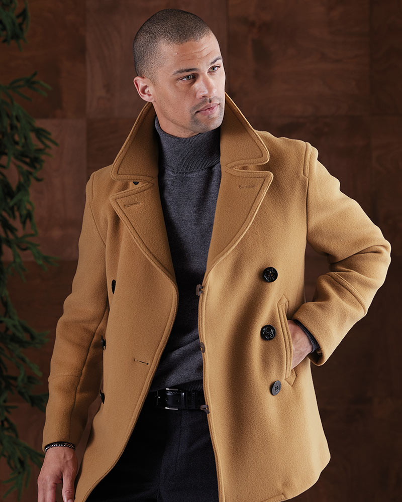 Male model wearing Gloverall Tennyson Peacoat