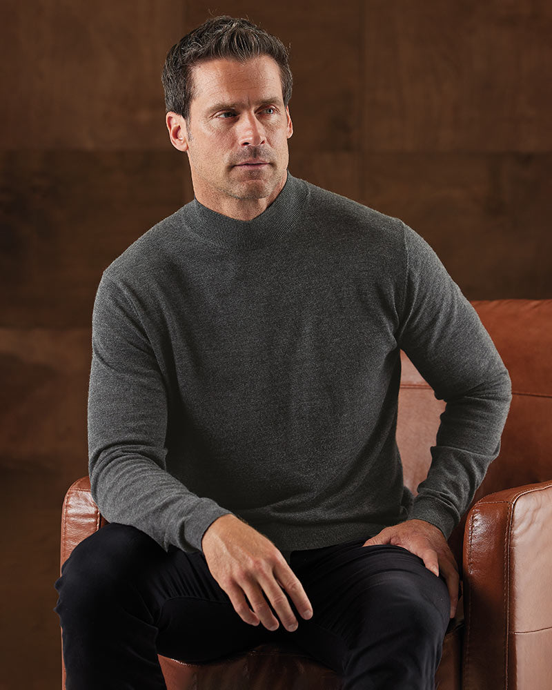 Male model wearing Patrick James Merino Wool Mock Neck Sweater