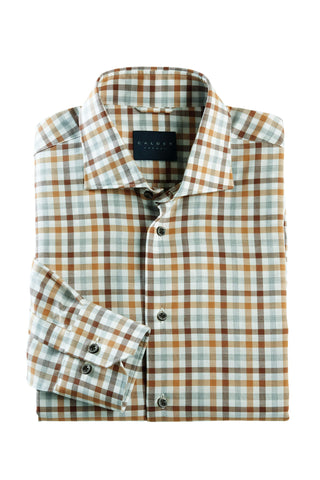 Folded plaid shirt with a visible brand label on a white background