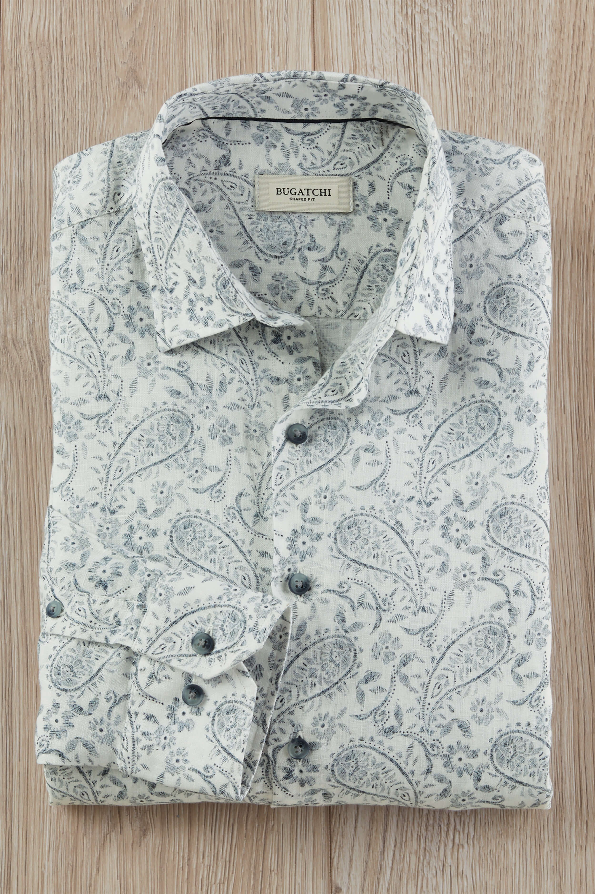 Men's Bugatchi Long Sleeve Paisley Linen Shirt, White, L