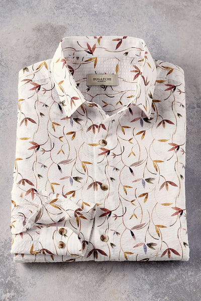 Men's Bugatchi Long Sleeve Floral Print Seersucker Shirt, White, M