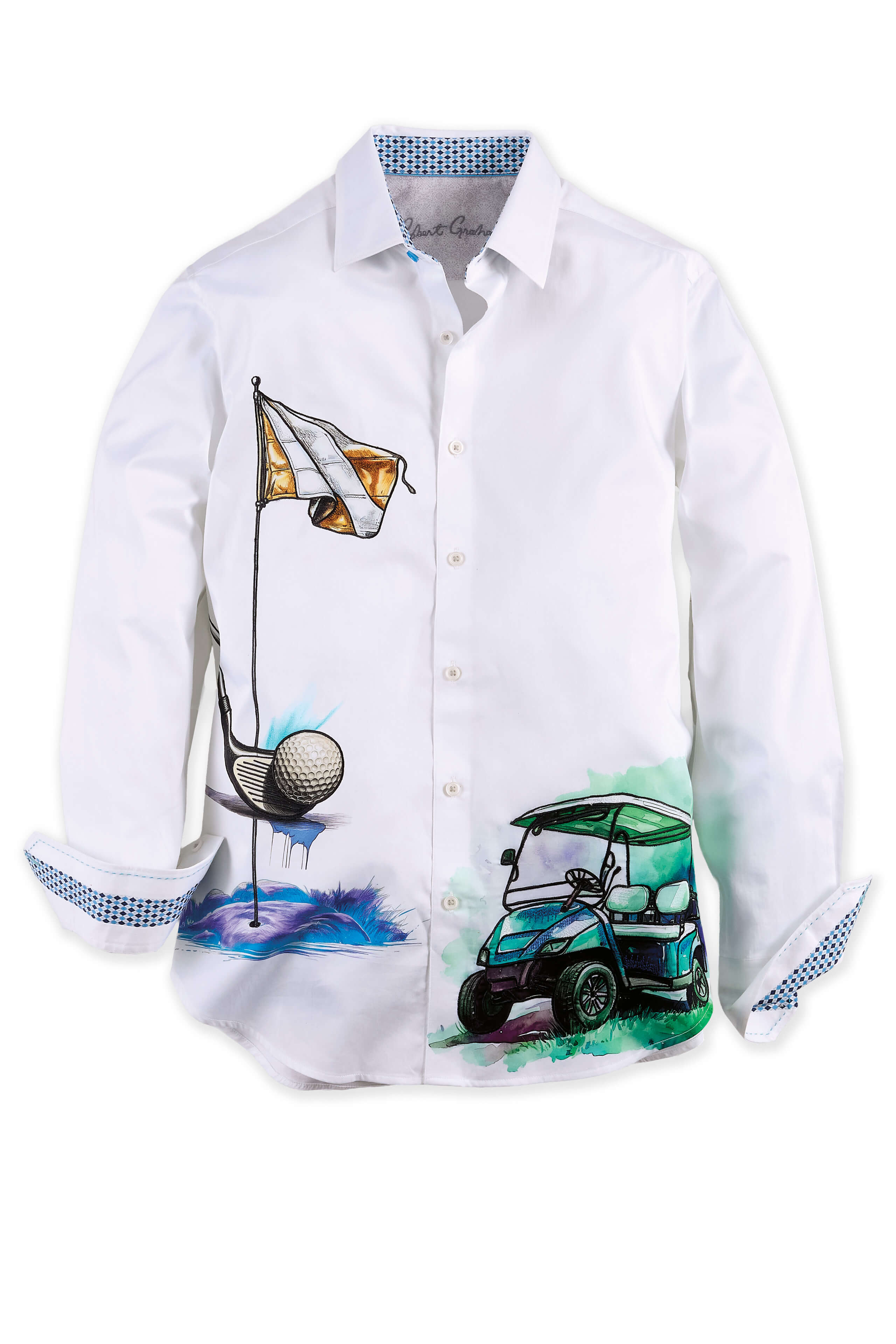 Men's Robert Graham Long Sleeve Genesis Golf Motif Embroidered Shirt, White, L Men's Robert Graham Long Sleeve Genesis Golf Motif Embroidered Shirt, White, L