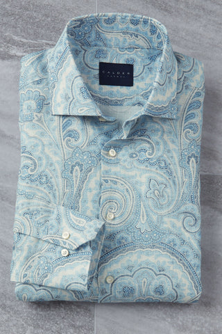 Calder Long Sleeve Spread Collar Paisley Linen Shirt