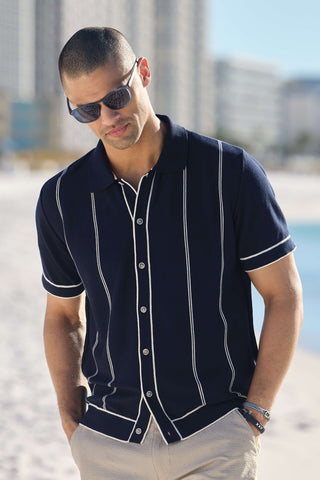 Reserve Short Sleeve Full Button Front Stripe Knit Shirt