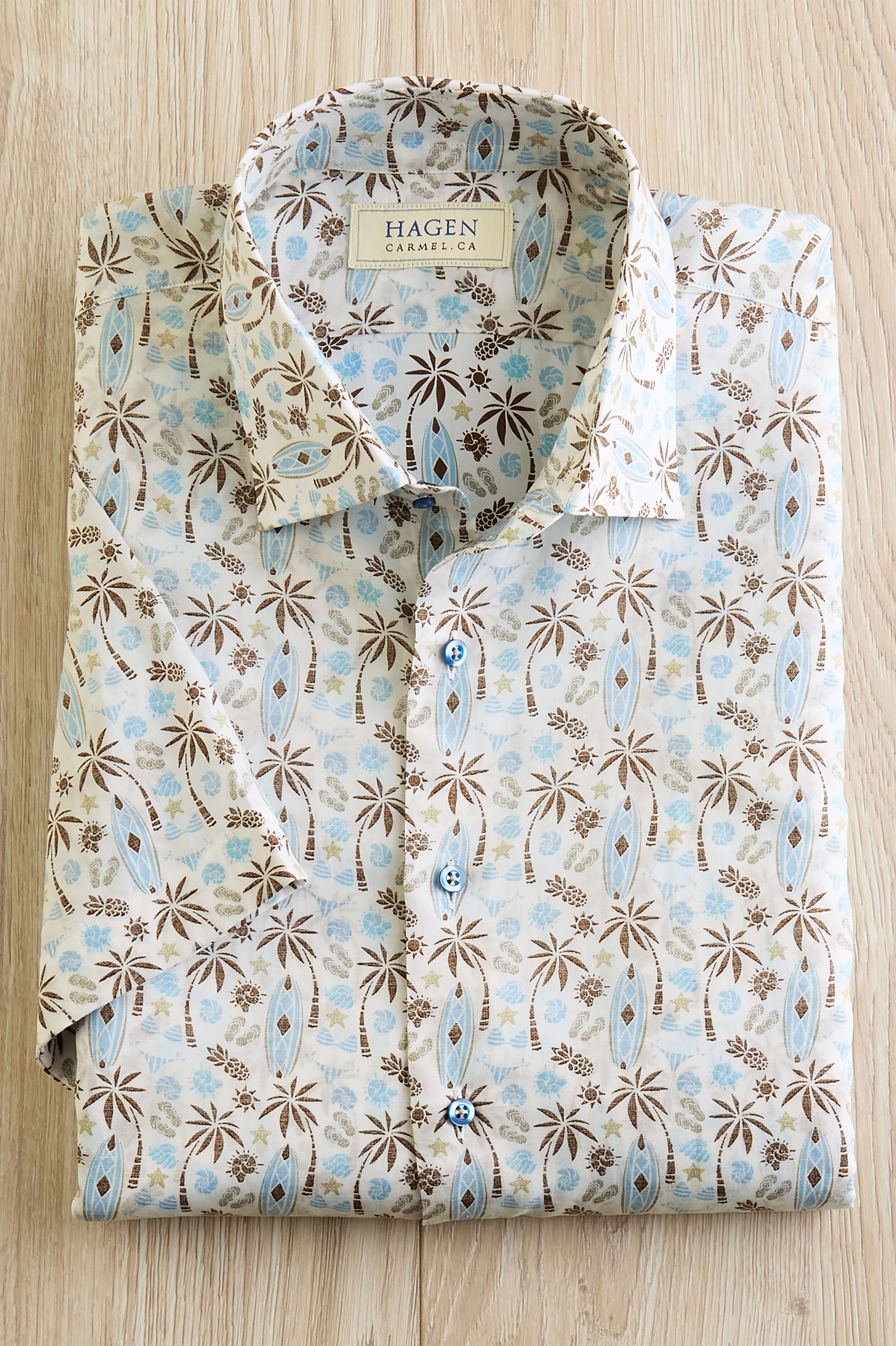 Men's Hagen Short Sleeve Island Beach Print Shirt, White/Taupe, XL