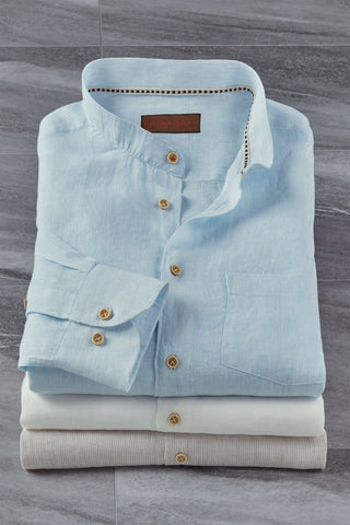 Patrick James Long Sleeve Mini Stripe Banded Collar Linen Shirt