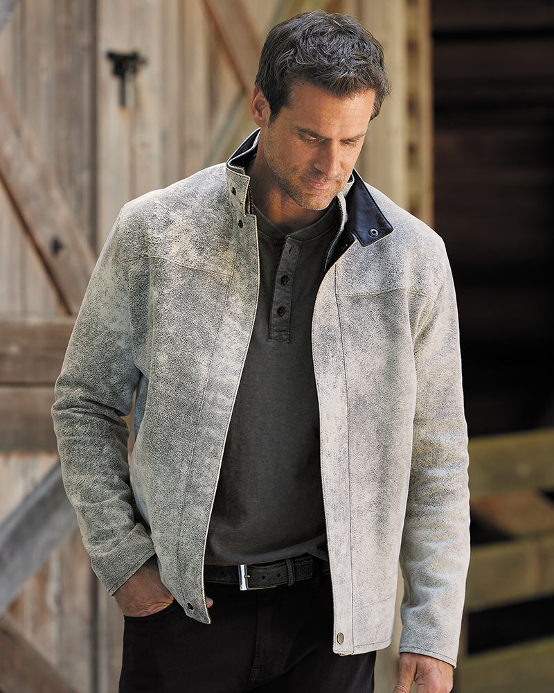 Male model wearing Remy Distressed Lambskin Jacket