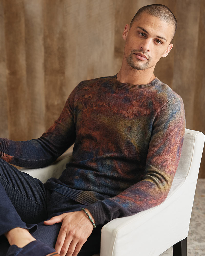 Male model wearing Patrick James Abstract Print Cashmere Sweater