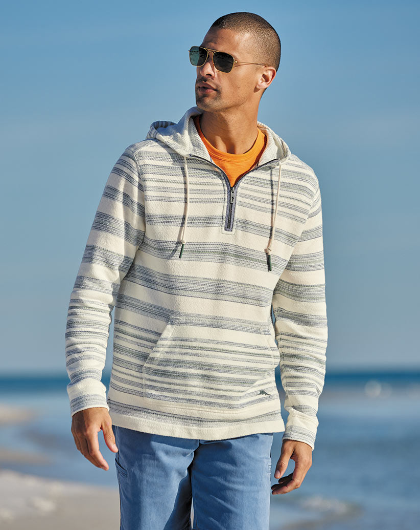 Male model wearing Tommy Bahama Shoreline Stripe Baja Hoodie