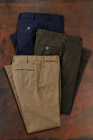 Men's pants in navy, olive and tan