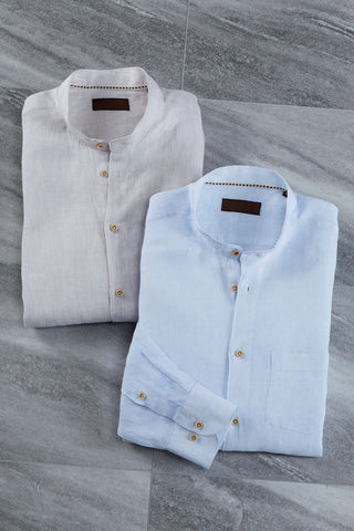 Patrick James Long Sleeve Mini Stripe Banded Collar Linen Shirt
