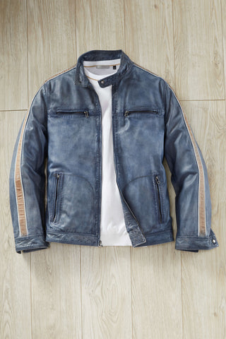 Patrick James Stripe Sleeve Moto Leather Jacket