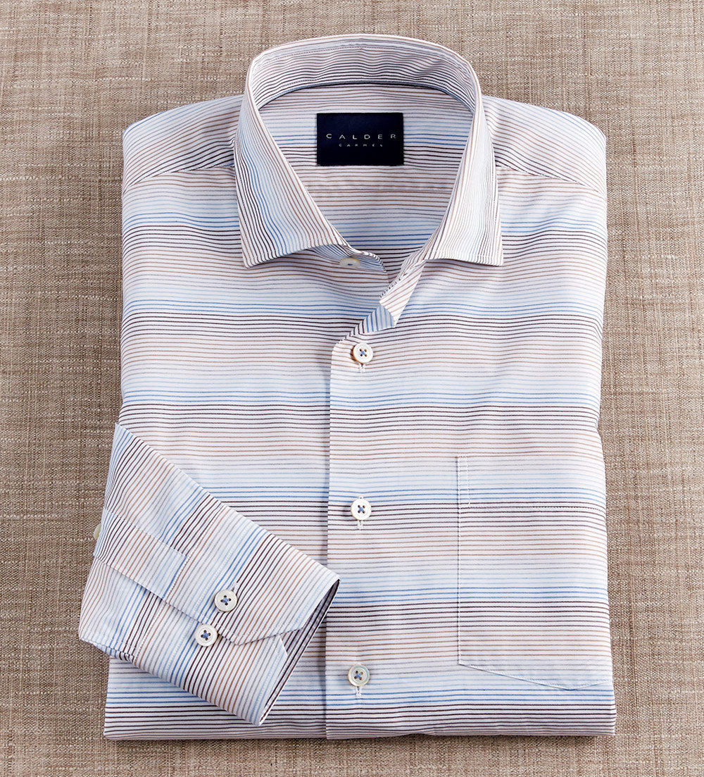 Calder Carmel Horizontal Stripe Poplin Long Sleeve Sport Shirt